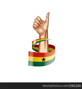 Ghana flag and hand on white background. Vector illustration.. Ghana flag and hand on white background. Vector illustration
