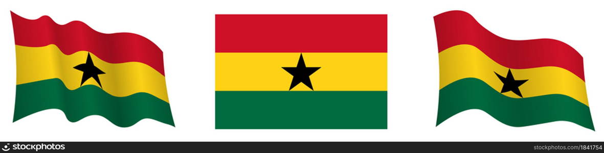 Ghana flag in static position and in motion, fluttering in wind in exact colors and sizes, on white background