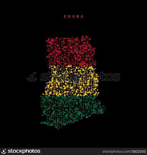Ghana flag map, chaotic particles pattern in the colors of the Ghanaian flag. Vector illustration isolated on black background.. Ghana flag map, chaotic particles pattern in the Ghanaian flag colors. Vector illustration