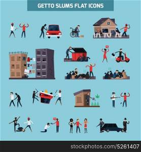 Ghetto Slum Flat Icon Set. Colored and isolated ghetto slum flat icon set with people living in in bad conditions vector illustration