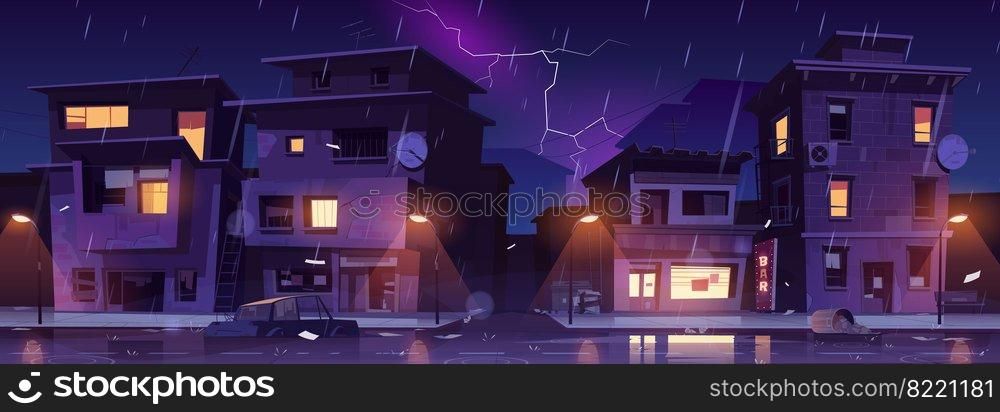 Ghetto street at night rain with lightnings, slum ruined abandoned old buildings flooded with water shower. Dilapidated dwellings stand on roadside with scatter litter, cartoon vector illustration. Ghetto street at night rain with lightnings, storm