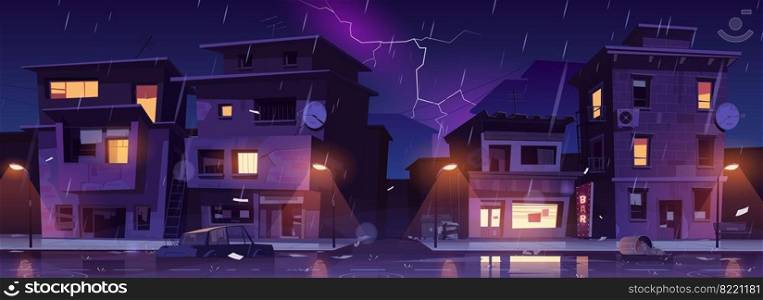 Ghetto street at night rain with lightnings, slum ruined abandoned old buildings flooded with water shower. Dilapidated dwellings stand on roadside with scatter litter, cartoon vector illustration. Ghetto street at night rain with lightnings, storm
