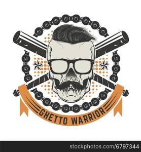 Ghetto warrior. Skull with moustache and sunglases. Design elements for t-shirt print, poster template. Vector illustration.