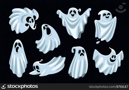 Ghost character. Halloween scary ghostly monster, dead boo spook and cute funny boohoo spooky fly anima or horror curious devil phantom costume isolated cartoon vector icon set. Ghost character. Halloween scary ghostly monster, dead boo spook and spooky fly anima isolated cartoon vector set