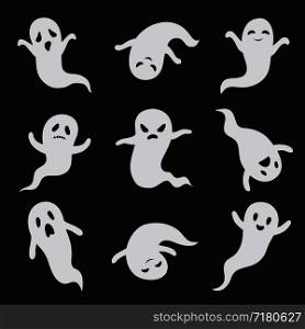 Ghost. Halloween ghostly faces. Spooky monster vector isolated icons. Ghost white face, spooky and scary illustration. Ghost. Halloween ghostly faces. Spooky monster vector isolated icons