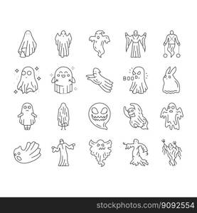 ghost halloween spooky scary cute icons set vector. horror white, spirit character, costume monster, night evil, silhouette, boo fear ghost halloween spooky scary cute black contour illustrations. ghost halloween spooky scary cute icons set vector