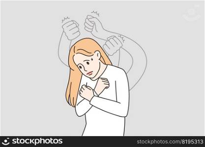 Ghost hands beating unhappy scared stressed woman. Upset female feeling anxiety and stress. Concept of self-harm and self-punishment. Vector illustration.. Ghost hands beating scared woman