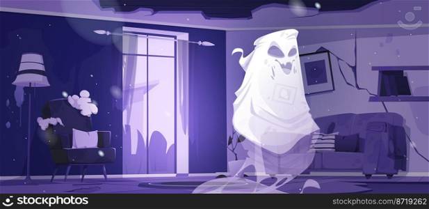 Ghost in night abandoned living room. Funny spook cartoon Halloween character, fantasy monster, spooky spirit personages say boo. Horror, phantom creature in old haunted house, Vector illustration. Ghost in night abandoned living room, funny spook
