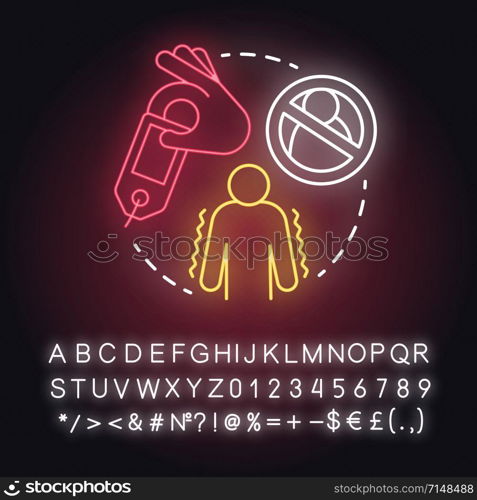 Ghost of relations neon light concept icon. Ghosting. Breaking off relationship. Stopping contact with partner idea. Glowing sign with alphabet, numbers and symbols. Vector isolated illustration