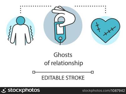 Ghost of relationship concept icon. Emotional problem, depression idea thin line illustration. Depressed person and heart with stitches vector isolated outline drawing. Editable stroke
