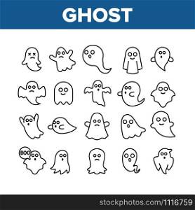 Ghost Spectre Funny Collection Icons Set Vector Thin Line. Angry And Beneficent Funny Ghost Character, Flying And Frightening Concept Linear Pictograms. Monochrome Contour Illustrations. Ghost Spectre Funny Collection Icons Set Vector