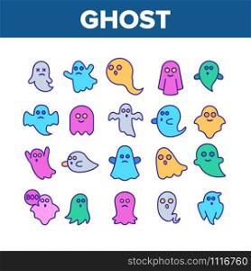 Ghost Spectre Funny Collection Icons Set Vector Thin Line. Angry And Beneficent Funny Ghost Character, Flying And Frightening Concept Linear Pictograms. Color Contour Illustrations. Ghost Spectre Funny Collection Icons Set Vector