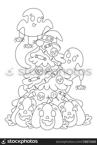 Ghosts and pumpkins decorate the halloween tree. Coloring book page for kids. Cartoon style character. Vector illustration isolated on white background.