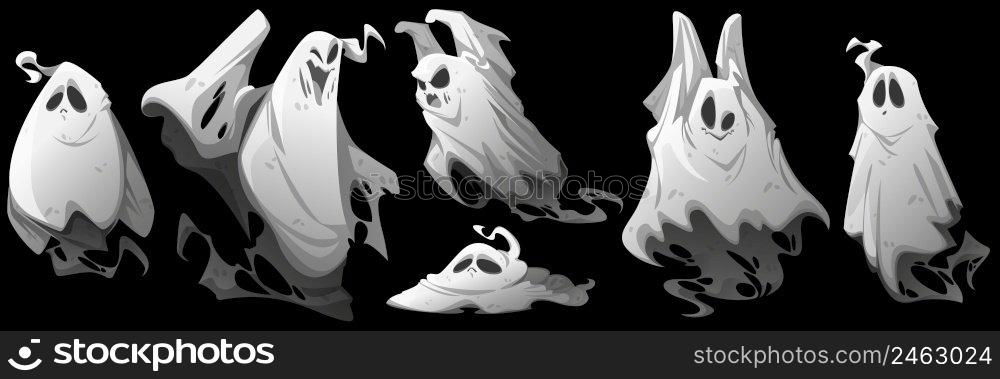 Ghosts, cartoon Halloween characters. Funny spooks emotions set. Spooky spirits personages different emoji smiling, yelling, say boo. Fantasy monsters, horror, phantom creatures, Vector illustration. Ghosts, cartoon Halloween characters funny spooks