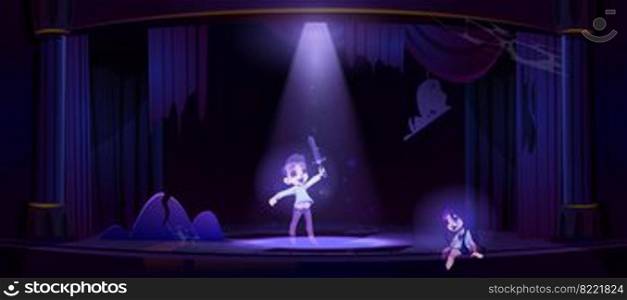 Ghosts of kids on old theater stage at night. Vector cartoon illustration of dead girl and boy spirits in abandoned dark opera theatre with spotlight, broken wooden floor and torn curtains. Ghosts of kids on old theater stage at night