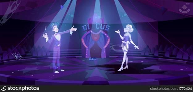 Ghosts on abandoned circus arena, dead artists perform magic show in darkness of big top stage. Halloween spooky scene, scary old interior with moonlight falling on floor, Cartoon vector illustration. Ghosts on abandoned circus arena, dead artists