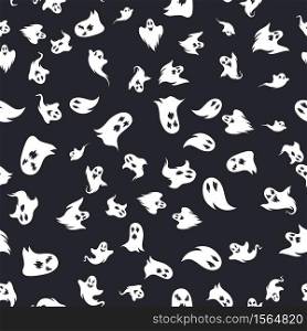 Ghosts seamless pattern. Halloween abstract spooky white spirits with terrible faces on dark background, creative design textile, wrapping, wallpaper vector texture for holidays. Ghosts seamless pattern. Halloween abstract spooky spirits with faces on dark background, creative design textile, wrapping, wallpaper vector texture for holidays