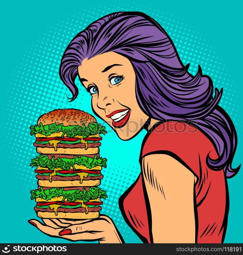 giant Burger. Hungry woman eating fast food. giant Burger. Hungry woman eating fast food. Comic cartoon pop art retro illustration vector drawing. giant Burger. Hungry woman eating fast food