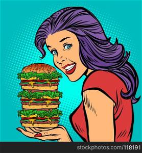 giant Burger. Hungry woman eating fast food. giant Burger. Hungry woman eating fast food. Comic cartoon pop art retro illustration vector drawing. giant Burger. Hungry woman eating fast food