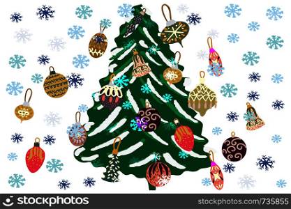 Giant Christmas tree decorated and snowflakes on white background. T shirt, poster, greeting card design elements. . Giant Christmas tree decorated and snowflakes on white background