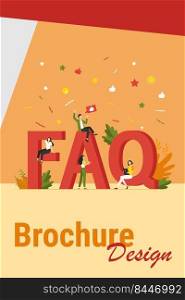 Giant FAQ and tiny people flat vector illustration. Cartoon users asking questions and getting help in problem. Useful instructions and information concept