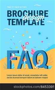 Giant FAQ and tiny people flat vector illustration. Cartoon users asking questions and getting help in problem. Useful instructions and information concept
