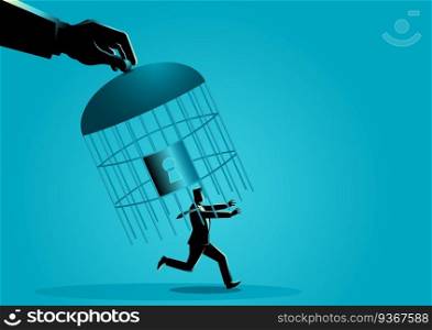 Giant hand capturing a running businessman with birdcage, business concept vector illustration