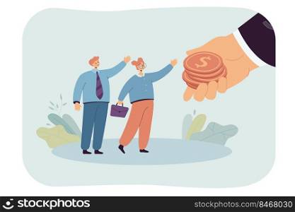 Giant hand giving out salary to tiny workers. Flat vector illustration. Cartoon man and woman getting money incentive, bonus or corporate offer. Business, growth, investment, satisfaction concept