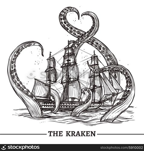 Giant octopus catches old style sail ship hand drawn vector illustration. Ship And Octopus