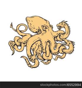 Giant Octopus Fighting Hydra Drawing. Drawing sketch style illustration of a giant octopus, soft-bodied, eight-armed mollusc , fighting or grappling with a Lernaean hydra, a many-headed serpent in Greek mythology on isolated background.. Giant Octopus Fighting Hydra Drawing