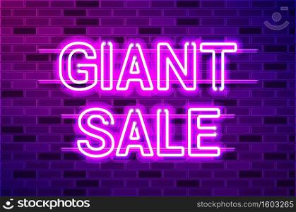 GIANT SALE glowing neon l&sign. Realistic vector illustration. Purple brick wall, violet glow, metal holders.. GIANT SALE glowing purple neon l&sign