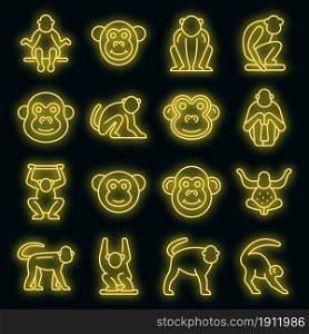 Gibbon icons set. Outline set of gibbon vector icons neon color on black. Gibbon icons set vector neon