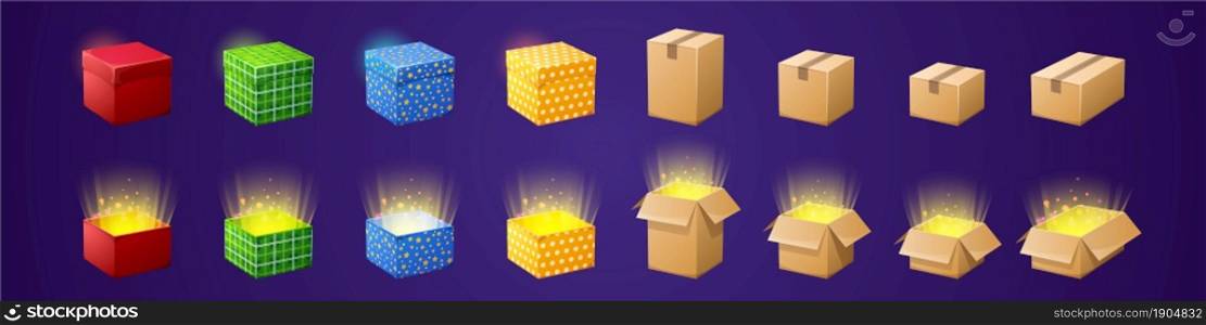 Gift and cardboard boxes for game gui design. Vector cartoon set of colorful present packages with reward, prize or surprise and carton parcels. Closed and open containers with gold light inside. Gift and cardboard boxes for game gui design