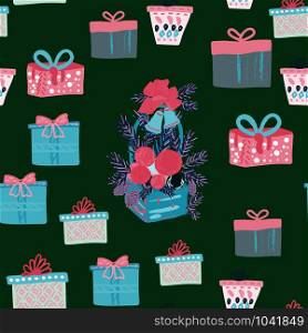 Gift and presents, basket with christmas decor seamless pattern. Pink, blue and green colours texture with bags, boxes, presents, ribbons, gifts, presents. Web, wrapping paper, background fill.. Gift and presents, basket with christmas decor seamless pattern
