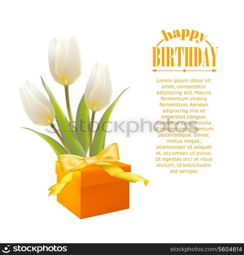 Gift and white tulips. Vector illustration.