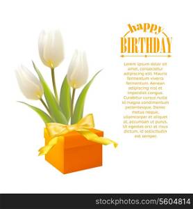 Gift and white tulips. Vector illustration.