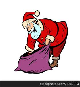 gift bag Santa Claus character Christmas new year. Comic cartoon pop art retro vector illustration drawing. gift bag Santa Claus character Christmas new year