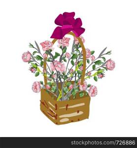 Gift basket with pink roses and ribbon illustration. Hand drawn clipart on white background. Flat style illustration. Greeting card, poster, banner, design element. . Gift basket with pink roses and ribbon