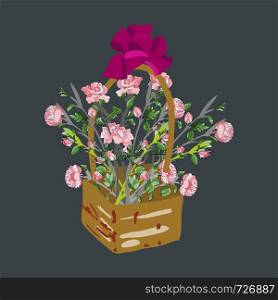 Gift basket with pink roses on black background illustration. Hand drawn clipart. Flat style illustration. Greeting card, poster, banner, design element. . Gift basket with pink roses on black background