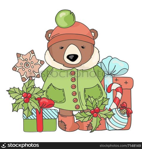 GIFT BEAR Merry Christmas Cartoon Vector Illustration Set