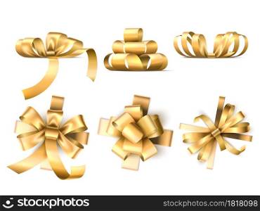 Gift bows ribbons. Realistic satin golden decorative tapes, different silk packaging bands, top and side view, festive elements for holiday party surprise vector set. Gift bows ribbons. Realistic satin golden decorative tapes, different silk packaging bands, top and side view, festive elements. Vector set