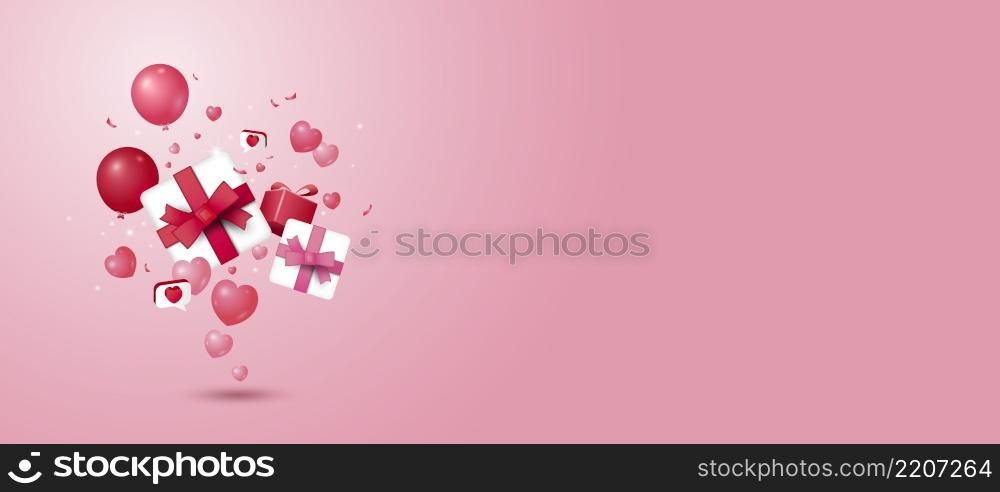 Gift box and hearts 3d banner with copy space for valentine&rsquo;s day Christmas New year Wedding and birthday vector illustration
