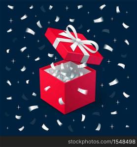 Gift Box and silver Confetti. Red jewelry box on dark background. Template for cosmetics and jewelry shops. Christmas Background. Vector Illustration.. Gift Box and silver Confetti. Red jewelry box on dark background. Template for cosmetics and jewelry shops. Christmas Background. Vector Illustration
