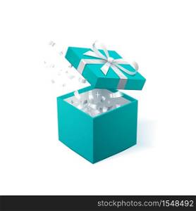 Gift Box and silver Confetti. Teal Turquoise jewelry box. Template for cosmetics and jewelry shops. Christmas Background. Vector Illustration.. Promo banner with Open Gift Box and silver Confetti. Turquoise jewelry box. Template for cosmetics jewelry shops. Christmas Background. Vector Illustration.
