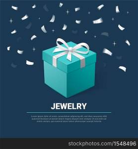 Gift Box and silver Confetti. Turquoise jewelry box on dark background. Template for cosmetics and jewelry shops. Christmas Background. Vector Illustration.. Gift Box and silver Confetti. Turquoise jewelry box on dark background. Template for cosmetics and jewelry shops. Christmas Background. Vector Illustration