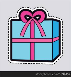 Gift Box. Blue New Year Present with Pink Ribbon. Isolated New Year blue box with pink ribbon on it. Illustration of huge xmas giftbox in simple cartoon style. Colourful big bow on top. Cut out of paper. Box patch. Flat style design. Vector
