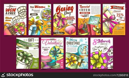 Gift Box Collection Advertising Posters Set Vector. Different Creative Advertise Banners With Present Box And Snowball, Tablet And Flowers. Template Hand Drawn In Retro Style Color Illustrations. Gift Box Collection Advertising Posters Set Vector