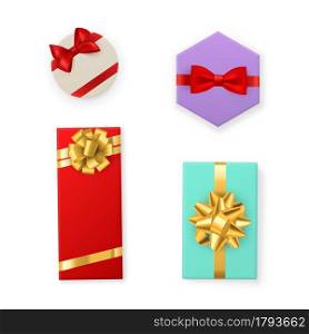Gift box. Color boxes with red and gold ribbon bow, presents different forms top view. Birthday, christmas, valentine day giftboxes. Decorative stylish wrap paper package vector realistic isolated set. Gift box. Color boxes with red and gold ribbon bow, presents different forms top view. Birthday, christmas, valentine day giftboxes. Decorative stylish wrap package vector realistic isolated set