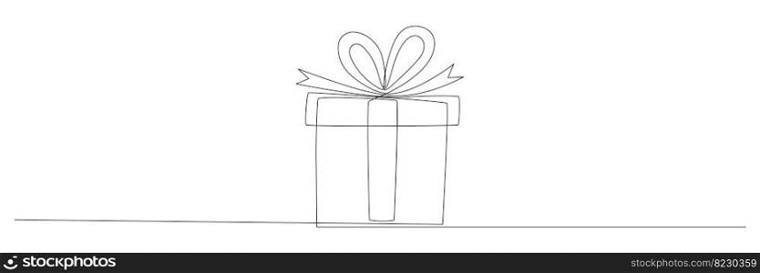 Gift box continuous line drawing. One line present with ribbon bow. Vector isolated on white.. Gift box continuous line drawing.