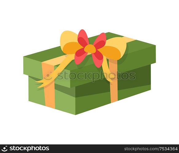 Gift box decorated with bow made of tape ribbon vector. Square container box with surprise, holiday tradition of exchanging presents. Floral decor. Gift Box Decorated with Bow Made of Tape Ribbon